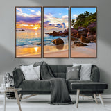 43209-MGV-CV-36X24-Tropical Beach Sunset Wall Art – Golden Ocean Waves and Palm Trees with Rocky Shore Canvas Print, Coastal Seascape Decor for