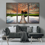 29105-MGV-CV-36X24-Rustic Wooden Bridge Wall Art – Scenic Sunset Over Rice Fields and Reflective Water Canvas Print, Nature Landscape Decor for
