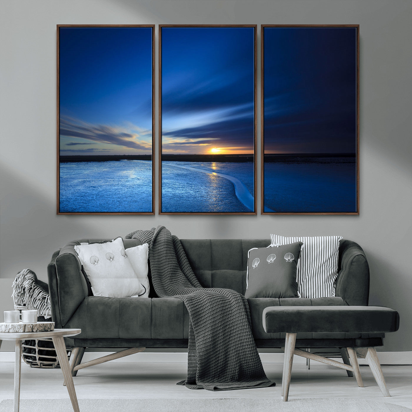 65405-MGV-CV-36X24-Blue Sunrise Seascape Wall Art – Tranquil Ocean Horizon Canvas Print with Golden Sunlight and Deep Sky, Coastal Landscape Decor