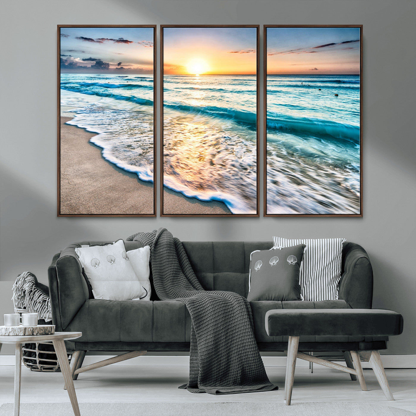 27815-MGV-CV-36X24-Ocean Sunrise Beach Wall Art – Serene Coastal Canvas Print with Waves and Golden Morning Light, Relaxing Seascape Decor for