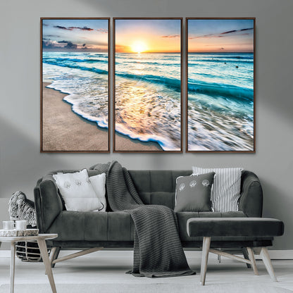 27815-MGV-CV-36X24-Ocean Sunrise Beach Wall Art – Serene Coastal Canvas Print with Waves and Golden Morning Light, Relaxing Seascape Decor for
