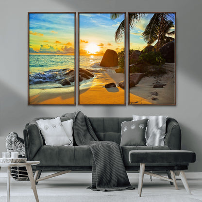 26181-MGV-CV-36X24-Golden Tropical Sunset Beach Wall Art – Ocean Canvas Print with Palm Trees and Rocks, Coastal Paradise Decor for Living Room or
