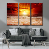 60211-MGV-CV-36X24-Fiery Sunset Ocean Wall Art – Red Sky Seascape Canvas Print with Waves, Bold Coastal Sunset Decor for Living Room or Bedroom