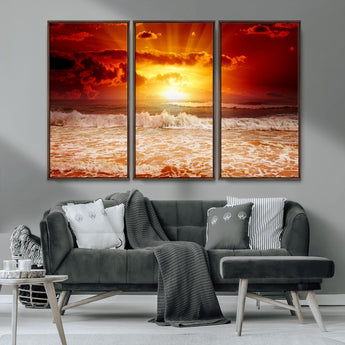 60211-MGV-CV-36X24-Fiery Sunset Ocean Wall Art – Red Sky Seascape Canvas Print with Waves, Bold Coastal Sunset Decor for Living Room or Bedroom