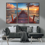 28836-MGV-CV-36X24-Ocean Pier Sunset Wall Art – Wooden Dock and Golden Horizon Canvas Print, Coastal Seascape Photography for Living Room, Bedroom,