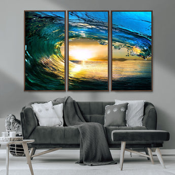 19378-MGV-CV-36X24-Ocean Wave Sunset Wall Art – Vibrant Surf and Golden Horizon Canvas Print, Coastal Seascape Photography for Living Room, Bedroom,