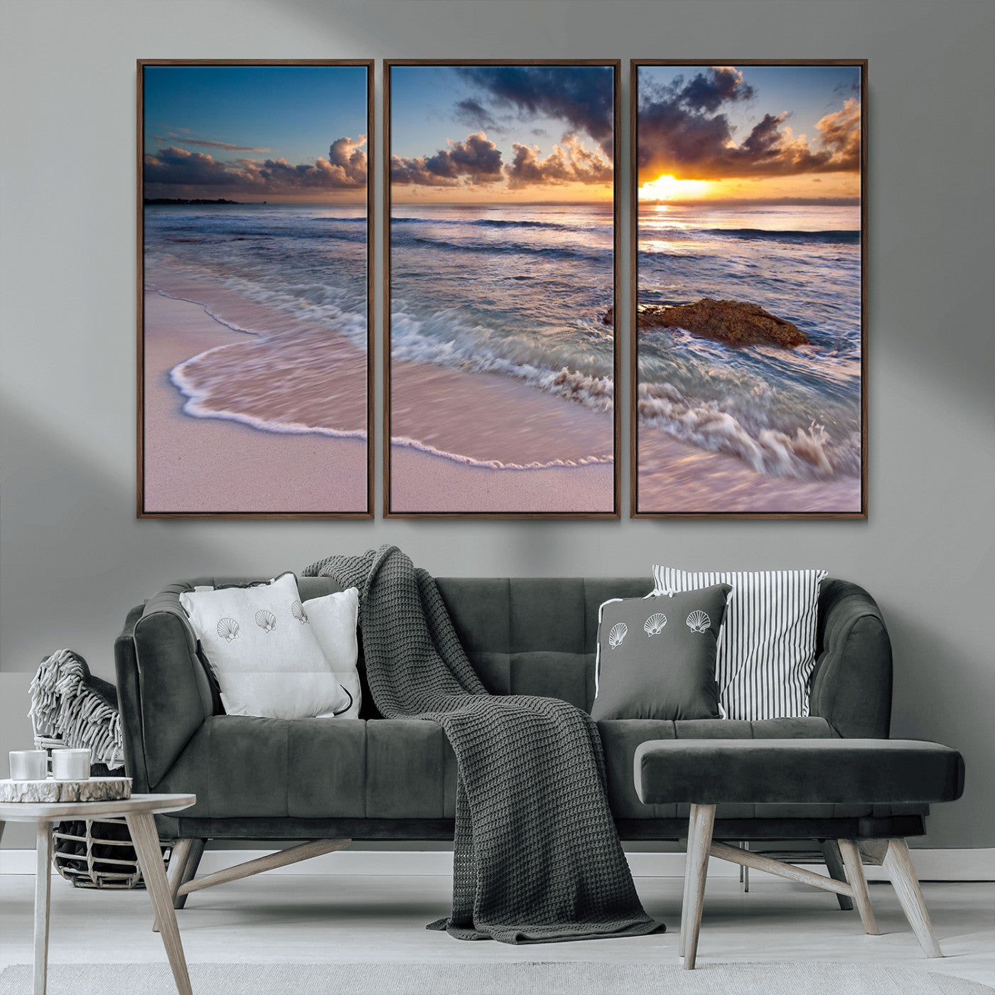 94906-MGV-CV-36X24-Sunrise Beach Wall Art – Panoramic Ocean Waves Canvas Print, Coastal Sunset Seascape Artwork for Living Room, Bedroom, or Office