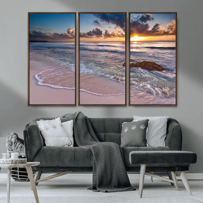 94906-MGV-CV-36X24-Sunrise Beach Wall Art – Panoramic Ocean Waves Canvas Print, Coastal Sunset Seascape Artwork for Living Room, Bedroom, or Office