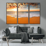 15399-MGV-CV-36X24-Golden Sunrise Beach Wall Art – Ocean Waves on Sandy Shore Canvas Print, Coastal Seascape Decor for Living Room or Bedroom
