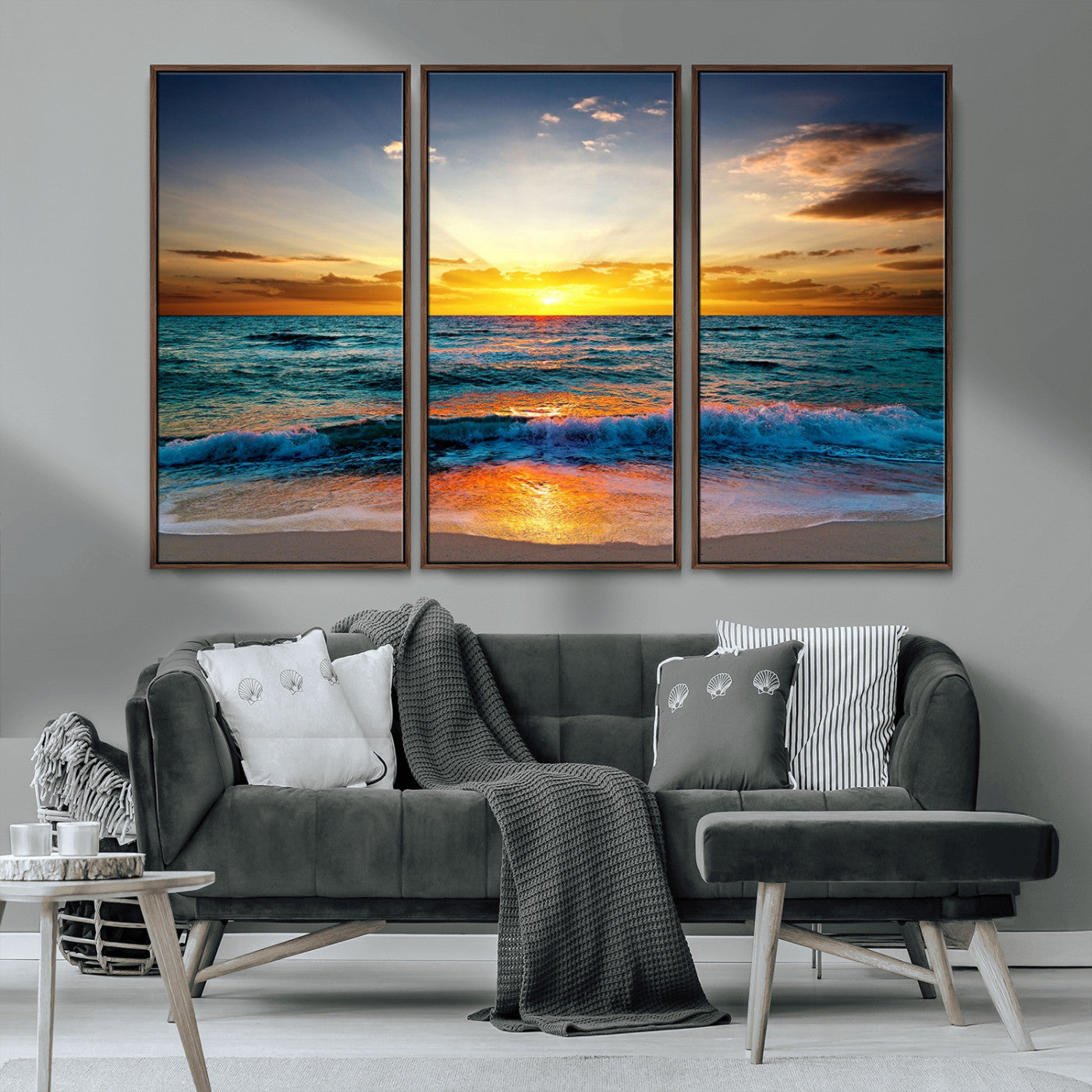 50627-MGV-CV-36X24-Ocean Sunset Wall Art – Serene Beach Canvas Print with Waves and Golden Sky, Coastal Decor for Living Room or Office