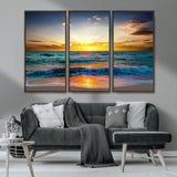 50627-MGV-CV-36X24-Ocean Sunset Wall Art – Serene Beach Canvas Print with Waves and Golden Sky, Coastal Decor for Living Room or Office
