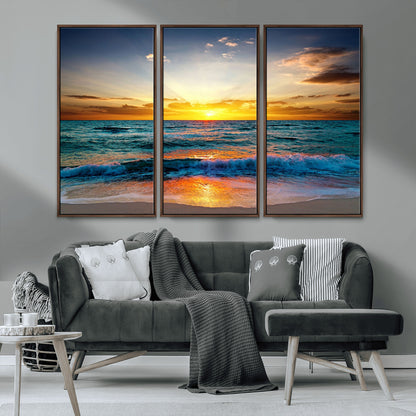 50627-MGV-CV-36X24-Ocean Sunset Wall Art – Serene Beach Canvas Print with Waves and Golden Sky, Coastal Decor for Living Room or Office