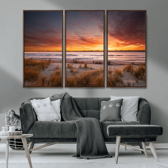 90176-MGV-CV-36X24-Beach Sunset Wall Art – Coastal Sand Dune Canvas Print with Ocean Waves and Dramatic Sky, Seaside Landscape Decor for Living Room