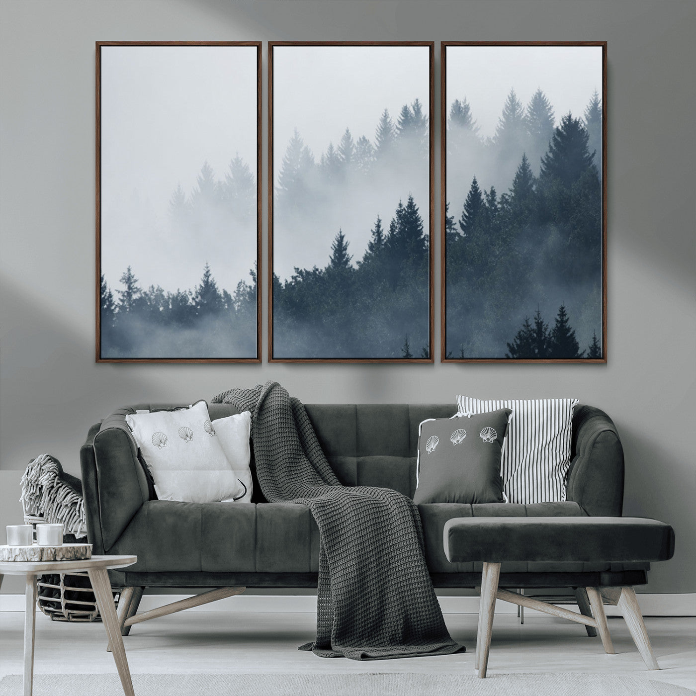 23671-MGV-FC-48X32-3P_Walnut-Misty Forest Wall Art – Serene Foggy Pine Trees Landscape Canvas Print, Tranquil Nature Decor for Living Room, Bedroom or Office
