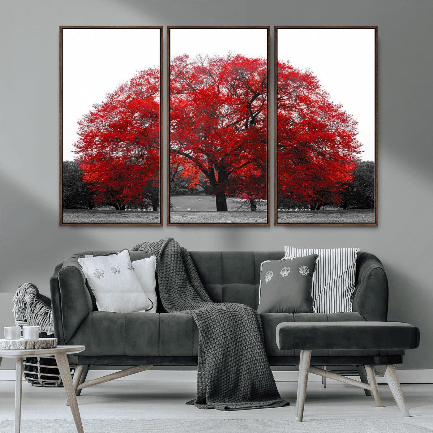 80021-MGV-CV-36X24-Red Tree Wall Art – Striking Black and White Landscape Canvas Print with Vibrant Red Leaves, Modern Nature Decor for Living Room