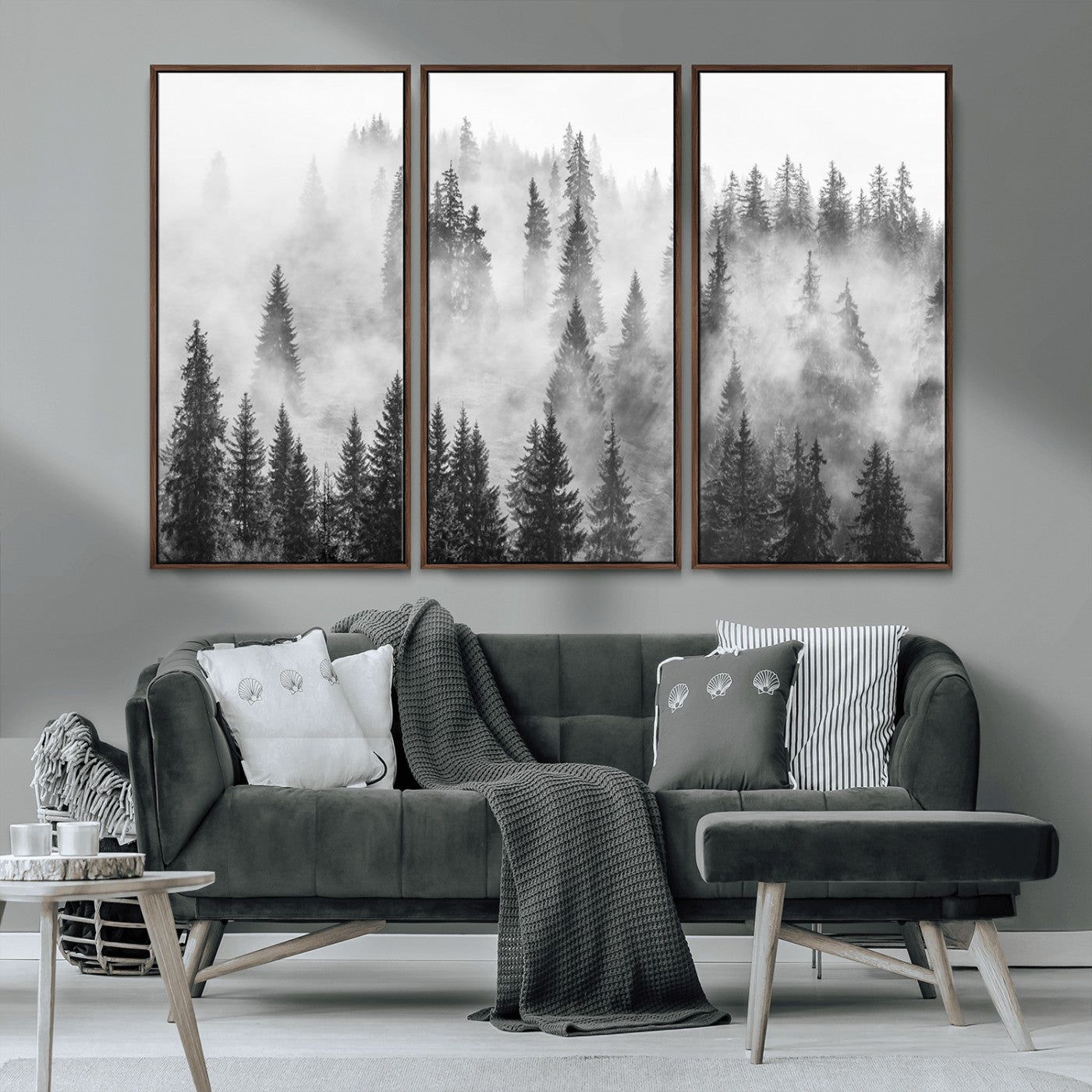 10422-MGV-FC-48X32-3P_Walnut-Misty Pine Forest Wall Art – Black and White Foggy Landscape Canvas Print, Serene Nature Woodland Decor for Bedroom, Office or