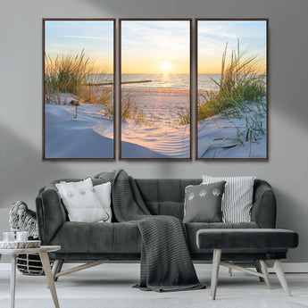 48907-MGV-CV-36X24-Beach Sunset Wall Art – Coastal Sand Dunes and Ocean View Canvas Print, Serene Seaside Landscape Painting for Living Room, Bedroom