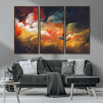 45085-MGV-CV-36X24-Surreal Cosmic Wall Art – Abstract Galaxy Dreamscape Canvas Print with Man and Dog in Boat, Fantasy Nebula Painting for Living