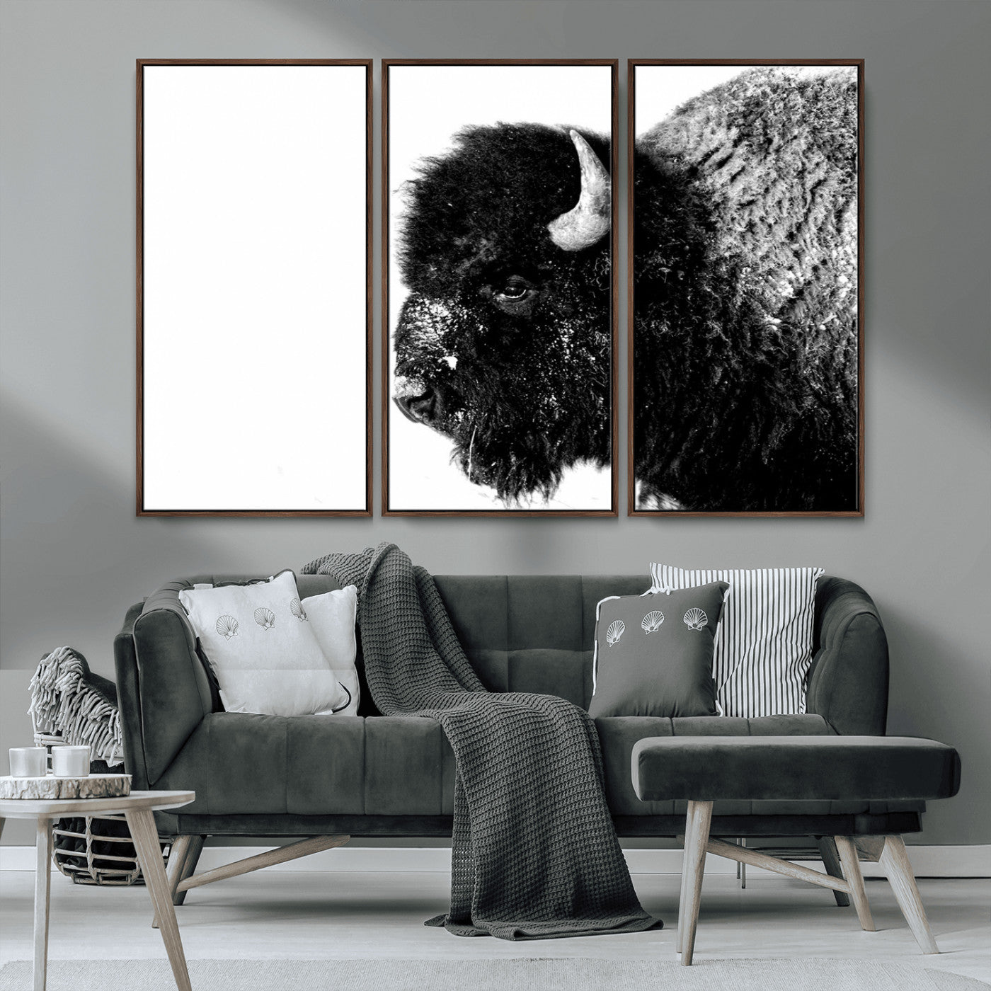 68780-MGV-FC-48X32-3P_Walnut-Bison Close-Up Wall Art – Black and White Buffalo Canvas Print, Rustic Wildlife Photography Decor for Living Room, Office, or