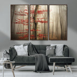 61855-MGV-CV-36X24-Misty Forest Wall Art – Red Tree with Autumn Leaves Canvas Print, Moody Woodland Nature Decor for Living Room, Bedroom, or Office