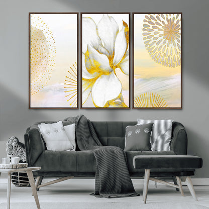 82301-MGV-CV-36X24-Modern Floral Wall Art – White Flower with Gold Detailing Canvas Print, Elegant Abstract Artwork for Living Room, Bedroom, or