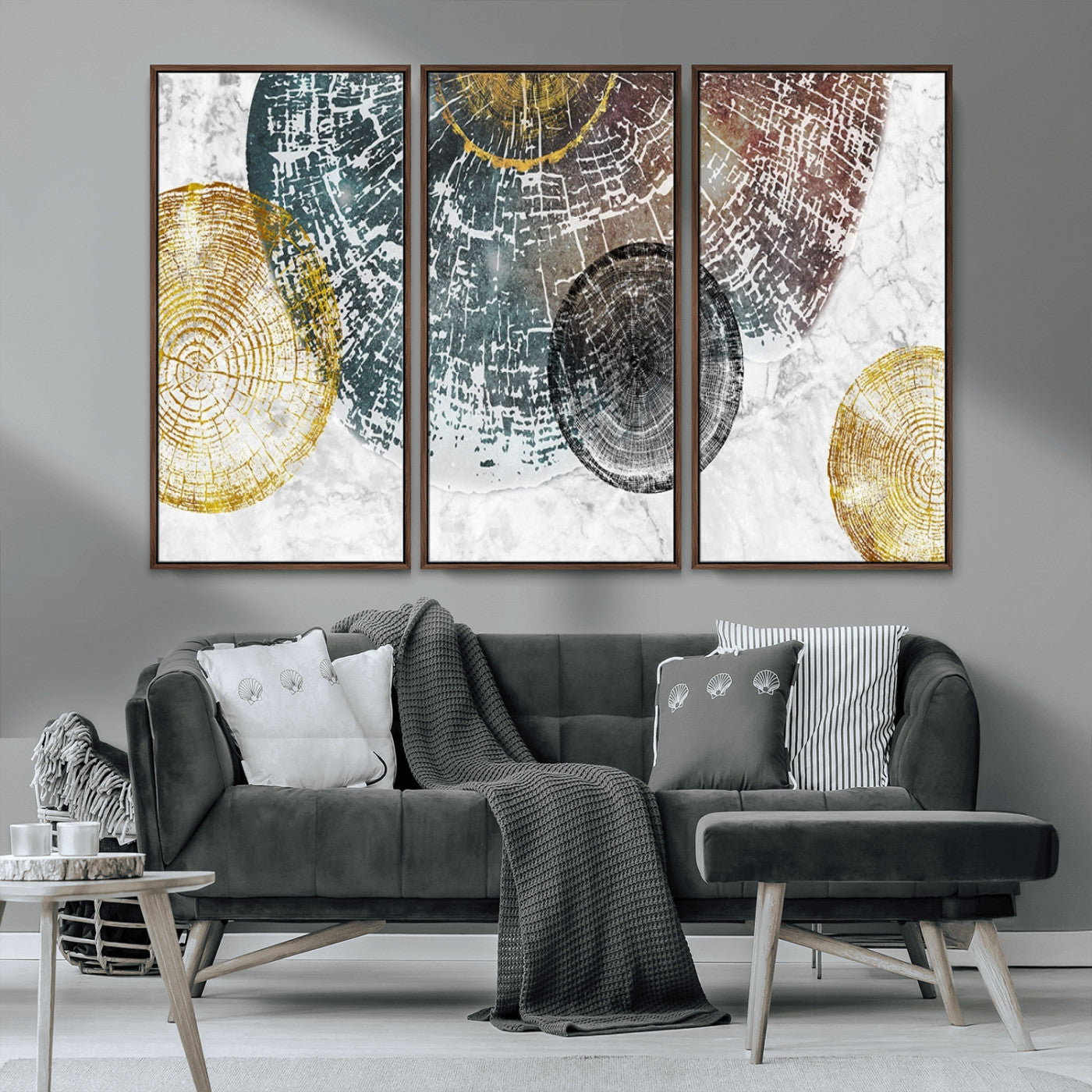 70653-MGV-CV-36X24-Abstract Tree Ring Wall Art – Modern Rustic Wood Slice Canvas Print with Gold Accents, Contemporary Nature Decor for Living Room,