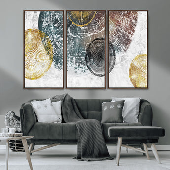 70653-MGV-CV-36X24-Abstract Tree Ring Wall Art – Modern Rustic Wood Slice Canvas Print with Gold Accents, Contemporary Nature Decor for Living Room,