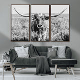 77320-MGV-CV-36X24-Texas Longhorn Wall Art – Black and White Western Cattle Canvas Print, Rustic Farmhouse Animal Photography Decor for Living Room,