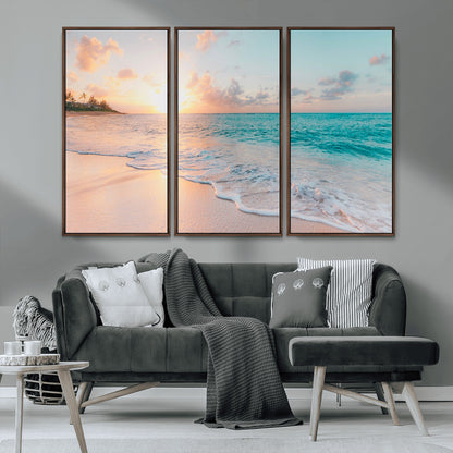 36554-MGV-CV-36X24-Tropical Beach Sunset Wall Art – Ocean Waves and Palm Canvas Print, Coastal Seascape Photography Decor for Living Room, Bedroom,