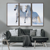 80145-MGV-CV-36X24-White Horses Running Snow Wall Art – Majestic Equine Canvas Print, Winter Nature Photography Decor for Living Room, Office,