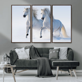 80145-MGV-CV-36X24-White Horses Running Snow Wall Art – Majestic Equine Canvas Print, Winter Nature Photography Decor for Living Room, Office,