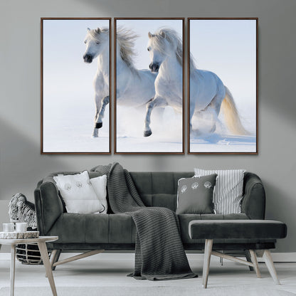 80145-MGV-CV-36X24-White Horses Running Snow Wall Art – Majestic Equine Canvas Print, Winter Nature Photography Decor for Living Room, Office,