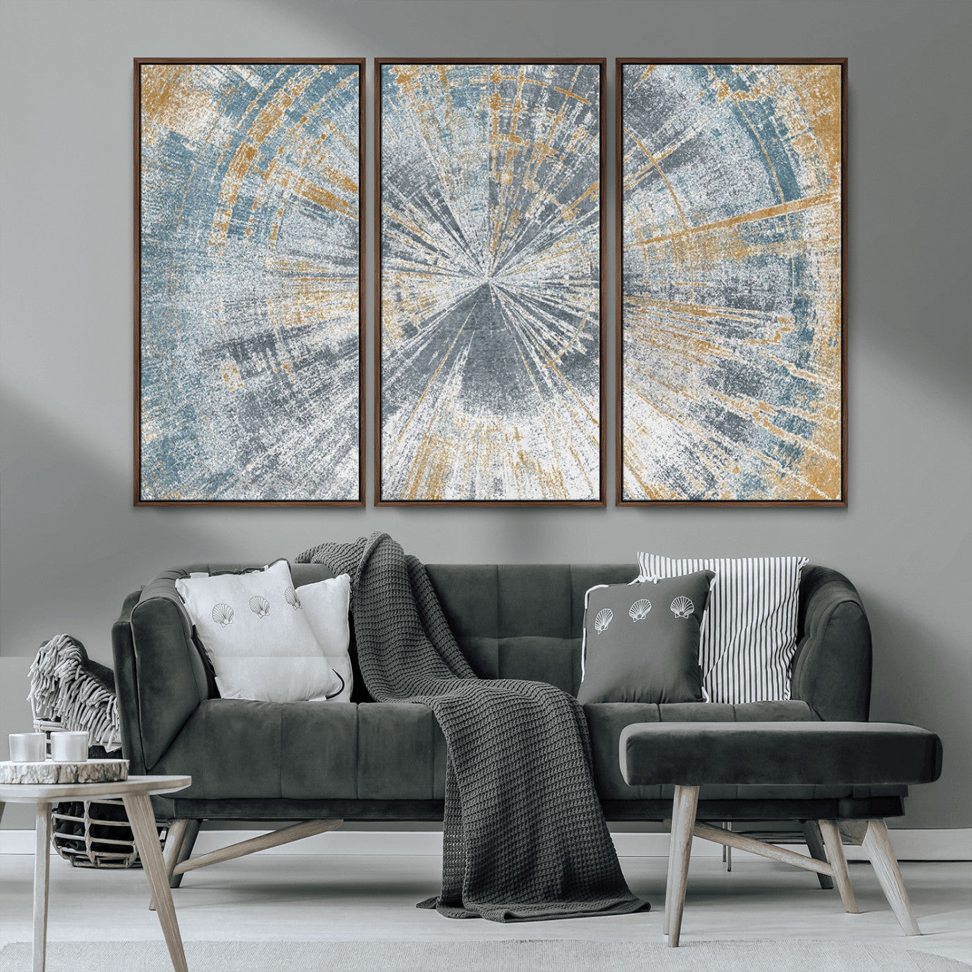 17631-MGV-CV-36X24-Radiant Burst Wall Art – Abstract Sunburst Canvas Print in Blue and Gold, Modern Geometric Painting for Living Room, Office or
