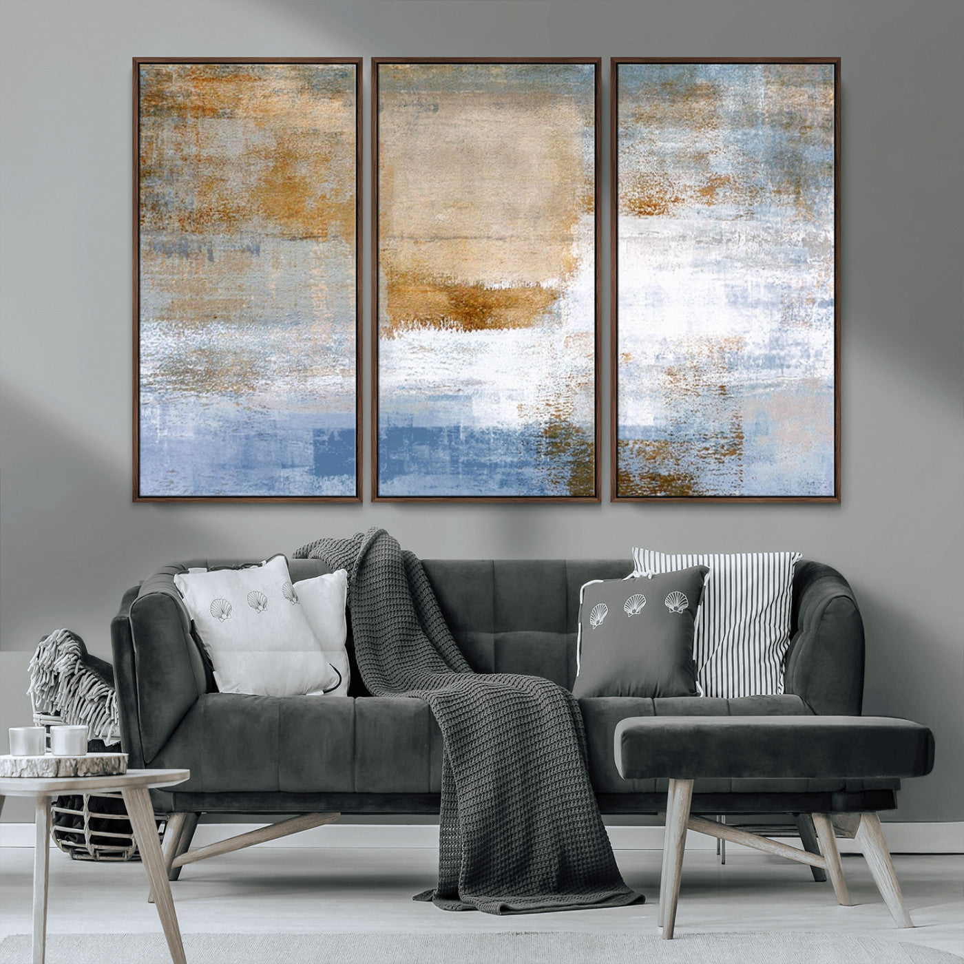 72354-MGV-CV-36X24-Blue and Gold Abstract Wall Art – Modern Minimalist Canvas Print, Textured Contemporary Painting for Living Room, Bedroom, or