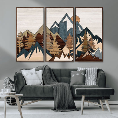 67950-MGV-FC-48X32-3P_Walnut-Modern Wood Wall Art Canvas Print, Framed Mountain Range Art Picture Print, Wood Mountain Range Perfect Rustic Decor Artwork
