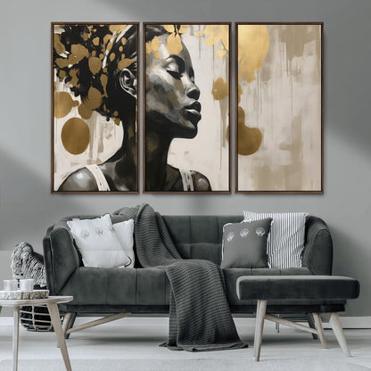 65669-MGV-CV-36X24-Elegant Black Woman Wall Art – Modern Abstract Portrait Canvas with Gold Accents, Contemporary Afrocentric Decor for Living Room