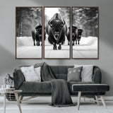 45287-MGV-CV-36X24-Bison Herd Wall Art – Black and White Buffalo Snow Road Canvas Print, Rustic Wildlife Decor for Cabin, Lodge or Living Room