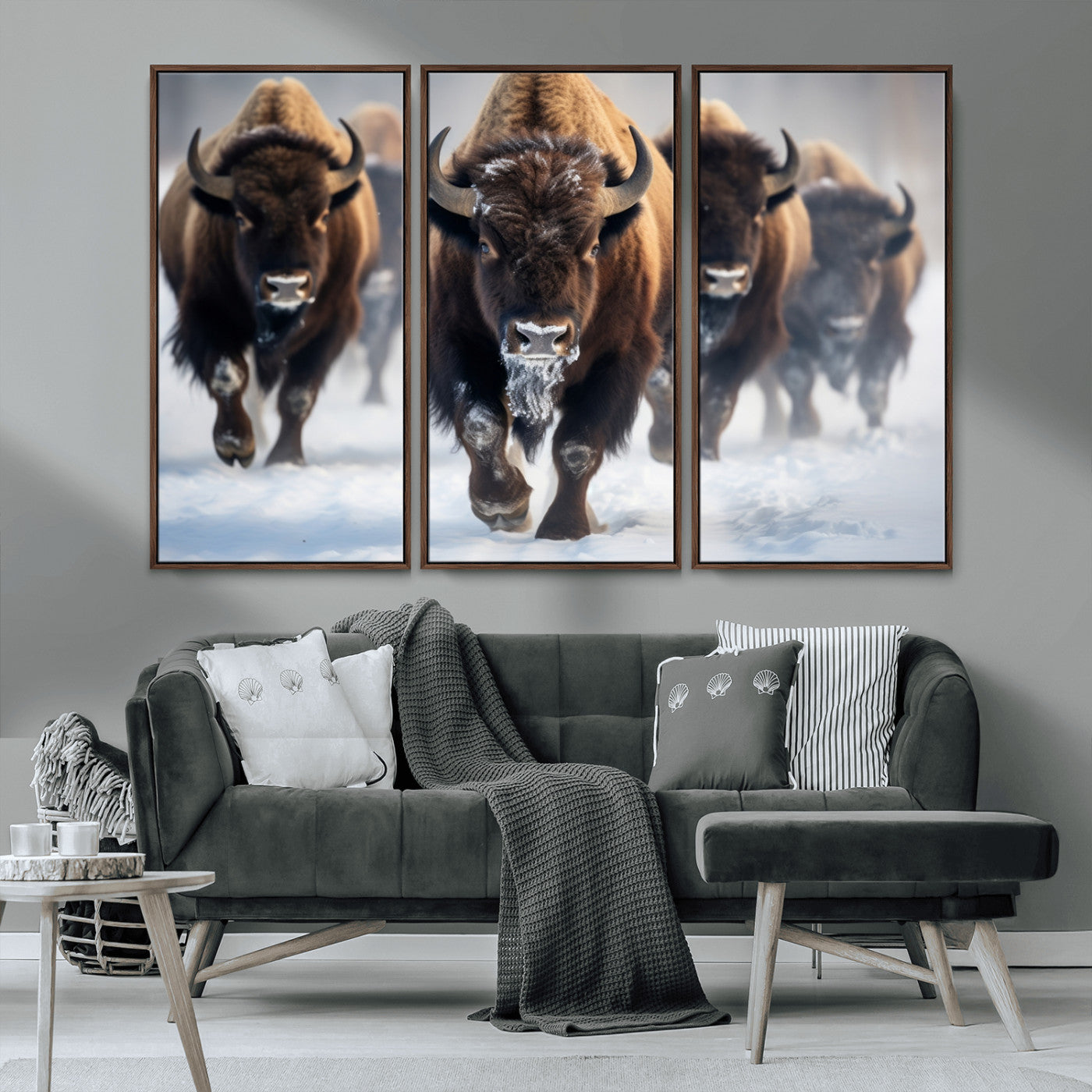 80512-MGV-CV-36X24-Bison Herd Wall Art – Buffalo Running in Snow Canvas Print, Rustic Wildlife Photography Decor for Cabin, Lodge, or Living Room