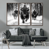 97552-MGV-CV-36X24-Black and White Bison Wall Art – Buffalo Herd Running in Snow Canvas Print, Rustic Wildlife Photography Decor for Cabin, Lodge, or