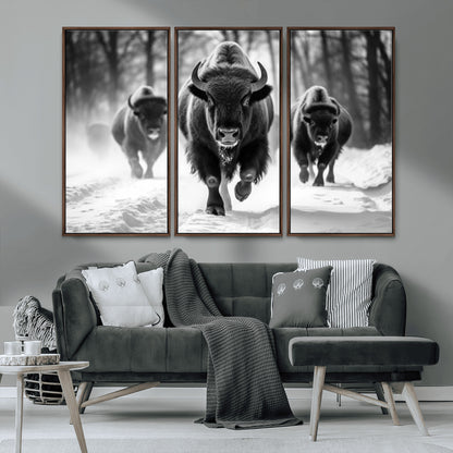 97552-MGV-CV-36X24-Black and White Bison Wall Art – Buffalo Herd Running in Snow Canvas Print, Rustic Wildlife Photography Decor for Cabin, Lodge, or
