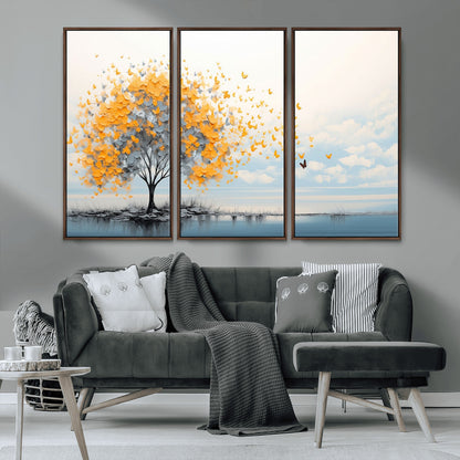 23385-MGV-CV-36X24-Golden Butterfly Tree Wall Art – Abstract Yellow and Gray Canvas Print, Modern Nature Artwork for Living Room, Bedroom or Office