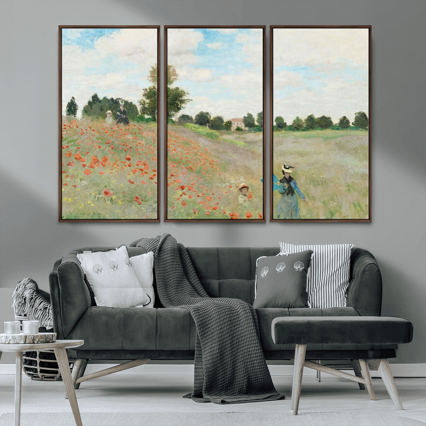 74890-MGV-FC-48X32-3P_Walnut-Monet Poppy Field Wall Art – Impressionist Landscape Canvas Print, Classic French Artwork for Living Room, Bedroom or Office Decor