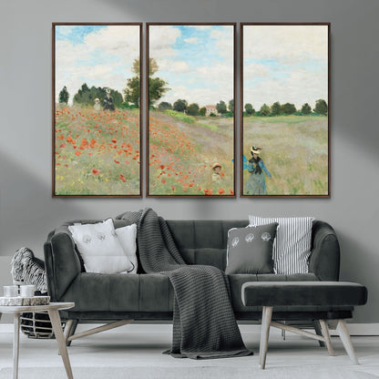 74890-MGV-FC-48X32-3P_Walnut-Monet Poppy Field Wall Art – Impressionist Landscape Canvas Print, Classic French Artwork for Living Room, Bedroom or Office Decor