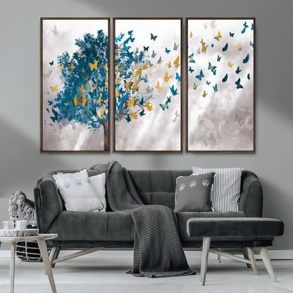 37564-MGV-CV-36X24-Butterfly Tree Wall Art – Modern Nature Canvas Print with Blue and Golden Butterflies, Elegant Decorative Painting for Living Room