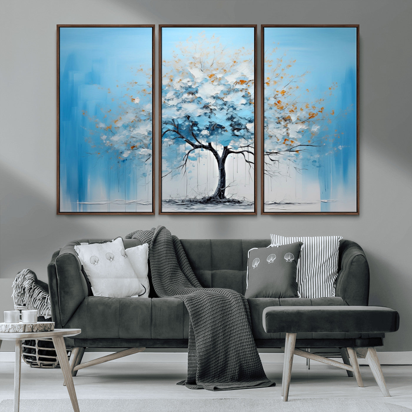 25021-MGV-CV-36X24-Abstract Tree Wall Art – Blue and White Canvas Painting with Gold Accents, Modern Nature-Inspired Artwork for Living Room, Bedroom