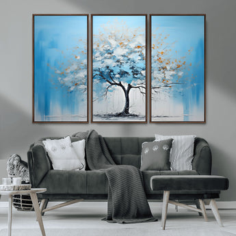 25021-MGV-CV-36X24-Abstract Tree Wall Art – Blue and White Canvas Painting with Gold Accents, Modern Nature-Inspired Artwork for Living Room, Bedroom