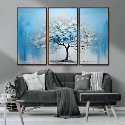 25021-MGV-CV-36X24-Abstract Tree Wall Art – Blue and White Canvas Painting with Gold Accents, Modern Nature-Inspired Artwork for Living Room, Bedroom