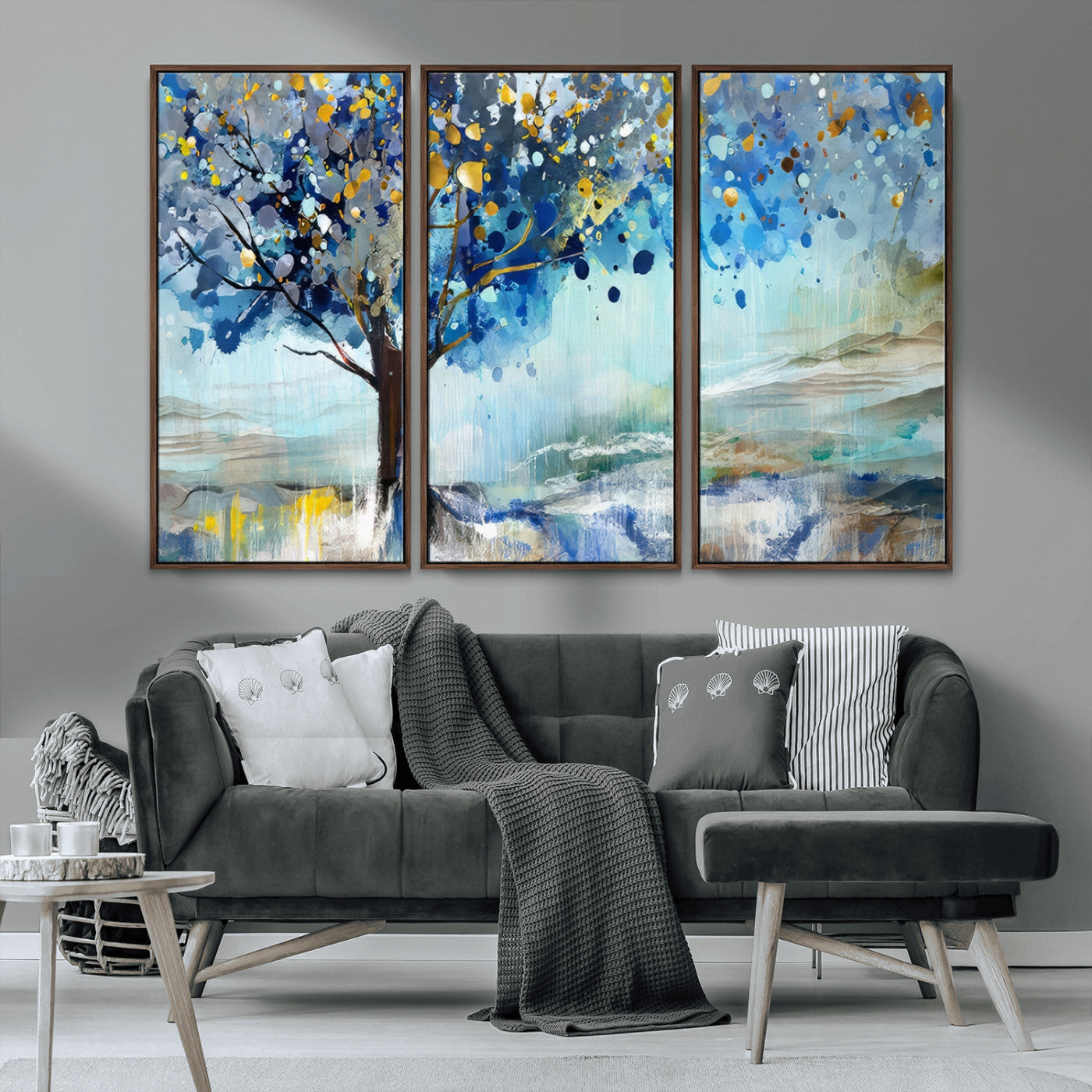 17018-MGV-CV-36X24-Abstract Blue Tree Wall Art – Colorful Canvas Painting with Gold and Silver Accents, Modern Nature Artwork for Living Room,