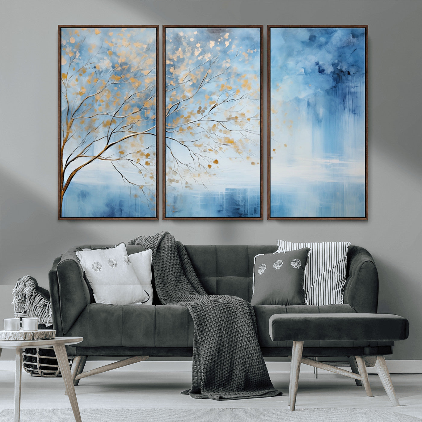 23891-MGV-FC-48X32-3P_Walnut-Abstract Tree Wall Art – Minimalist Blue and Gold Canvas Painting, Elegant Nature-Inspired Artwork for Living Room, Bedroom or
