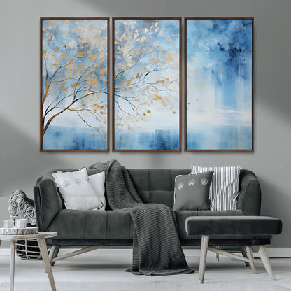 23891-MGV-FC-48X32-3P_Walnut-Abstract Tree Wall Art – Minimalist Blue and Gold Canvas Painting, Elegant Nature-Inspired Artwork for Living Room, Bedroom or